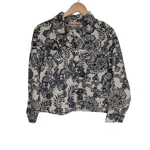 Brooke Coleman Floral Jacket Sz L 100% Cotton Cream Black Vintage Style Heirloom